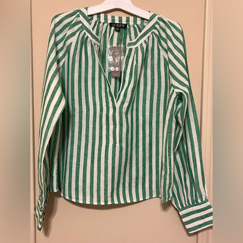 J. Crew Cabana Green and White Stripe Linen Long Sleeve Blouse XS NWT